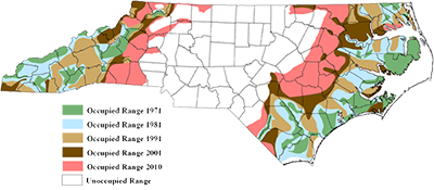 Colored map of black bear's habitats in N.C.