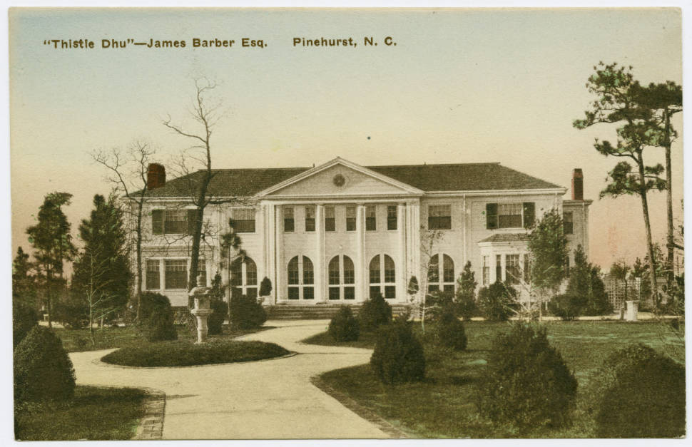 James Barber's mansion, &quot;Thistle Dhu&quot;. A large white house with columns in front overlooks an ornamental garden. A pathway leads up to house steps.