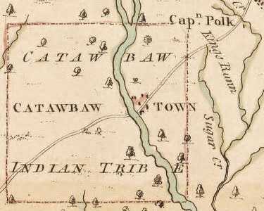 A sample from a colonial map outlining an indigenous tribe and their village, labeled &quot;Catawbaw Town.&quot;