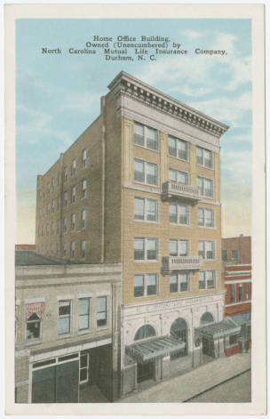 Postcard image of the North Carolina Mutual Life Insurance Company building, on Parrish Street in Durham, N.C. The company and building were at the heart of the thriving African American business district in Durham that became known as &quot;Black Wall Street.&quot;