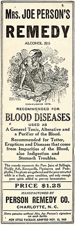 A newspaper advertisement for "Mrs. Joe Person's Remedy."