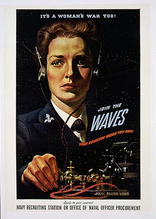 &quot;It's A Woman's War Too!&quot; WAVES poster, created by John Philip Falter, 1942. Item LC-USZC4-1856, from the Library of Congress Prints and Photographs Online Catalog.