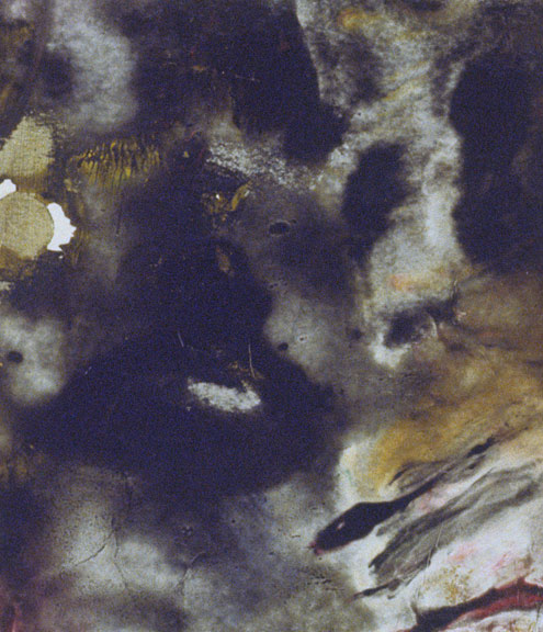 A smudged design. It features yellow, gray, black, and white colors.