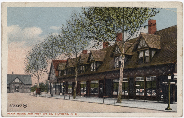 Plaza Block and Post Office, Biltmore, N. C., ca. 1915-1930, Postcard. Image courtesy of North Carolina History.