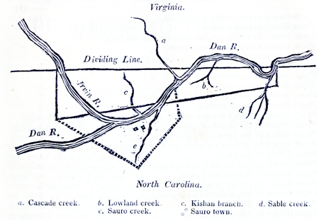 Map of William Byrd II's 'Land of Eden.' &quot;My plat of twenty thousand acres in North Carolina. Surveyed in September, 1733, by Mr. Mayo, being fifteen miles long, three broad at the west end, and one at the east.&quot; Image from Archive.org.