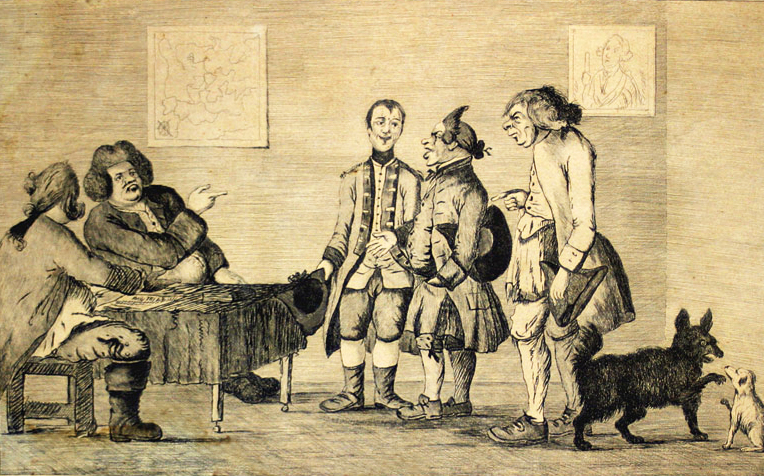 &quot;A Militia Meeting,&quot; an English print satirizing American militias, 1773. Image from Boston Tea Party Ships & Museum.