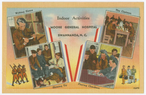 &quot; Indoor Activities, Moore General Hospital, Swannanoa, N.C.&quot; Image courtesy of the North Carolina Postcard Collection, UNC-Chapel Hill Libraries. 