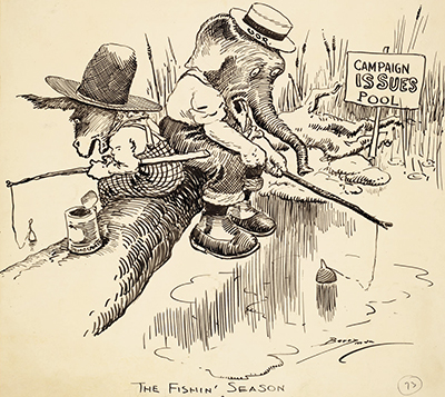 Political cartoon titled &quot;The Fishin' Season&quot; by Clifford K. Berryman, published 1920. Image from LearnNC.org.