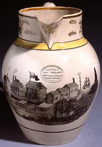 Pitcher made for "Governor" John Wallace, circa 1805-1810, with the inscription "A North View Of Govr. Wallaces Shell Castle & Harbour North Carolina." Image from the North Carolina Museum of History.