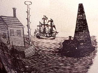 Close-up of part of the pitcher showing a look-out post with foot-holds and a ring at top and a lighthouse built with logs in the harbor. Image from the North Carolina Museum of History. A ship sails in the background. In the foreground, a small house and lighthouse are found.