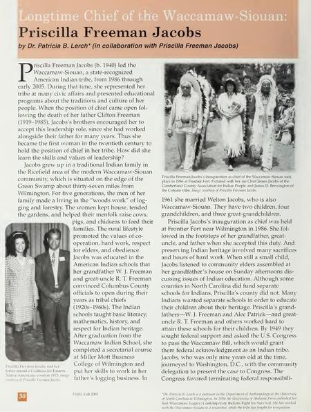 An article about the longtime Waccamaw-Siouan chief Priscilla Freeman Jacobs