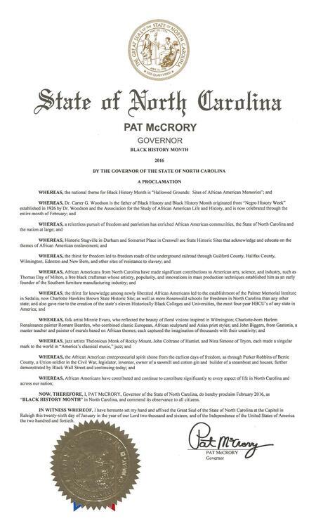 2016 Proclamation of Black History Month by Governor Pat McCrory