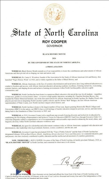 2024 Proclamation of Black History Month by Governor Roy Cooper