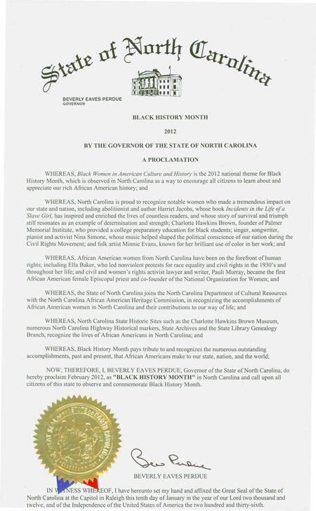 2012 Proclamation of Black History Month by Governor Bev Perdue