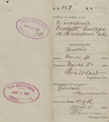 View the handwritten bill to incorporate Bennett college in 1889 in our digital collections