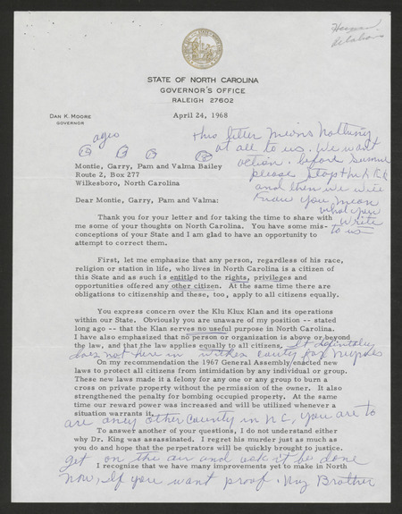Letters to Governor Moore from young Black citizens regarding racial oppression in their lives