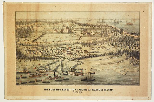 &quot;The Burnside expedition landing at Roanoke Island - February 7th 1862.&quot; Courtesy of Library of Congress. 