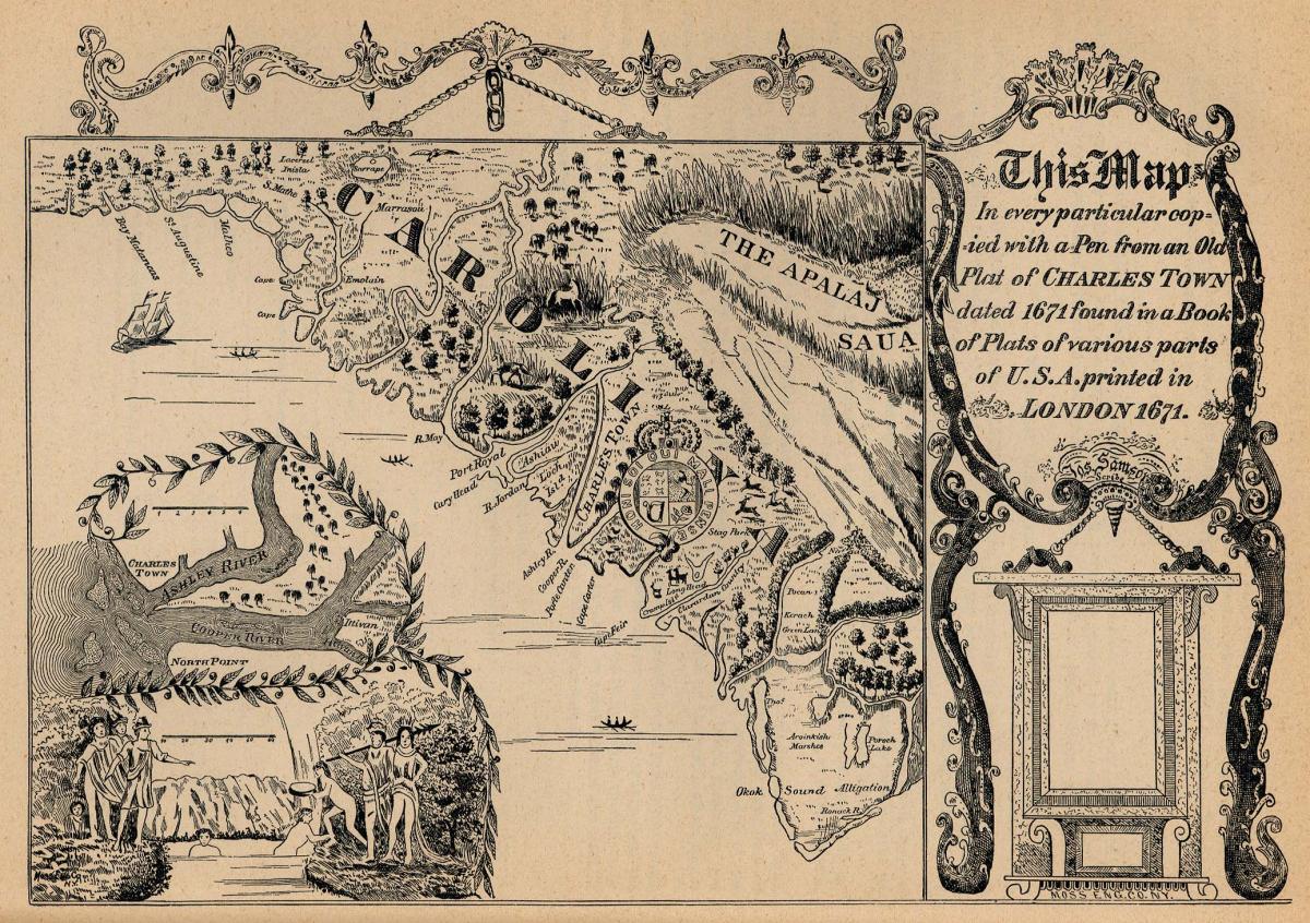 &quot;Charles Town map of 1671. From 1680 to 1783 modern day 'Charleston' was known as 'Charles Town'. Available from Carolana.