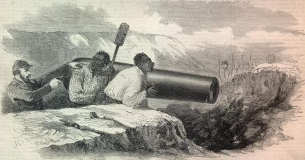 Caption Reads: &quot; A Rebel Captian Forces Negroes to Load Cannon Under the Fire of Berdan's Sharp Shooters- as seen through a telescope from our lines, and sketched by Mr. Mead.&quot; Harper Weekly, May 10, 1862.