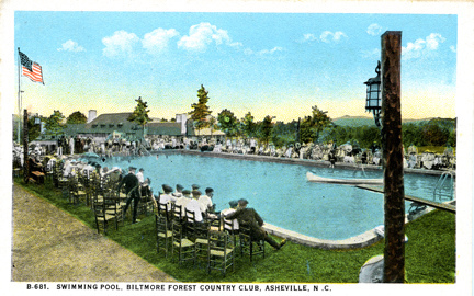 B681 Swimming Pool, Biltmore Forest Country Club, Asheville, NC published by Southern Post Card Co, Asheville, NC. From the Georgia Historical Society Postcard Collection, c. 1905-1960s, North Carolina State Archives, call #: PhC45_1_Ash34.