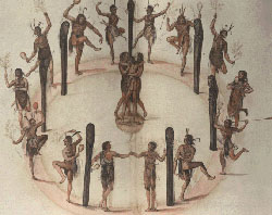 &quot;Indians Dancing Around a Circle of Posts,&quot; watercolor by John White, created 1585-86.&quot; Image courtesy of the Trustees of the London Museum. 