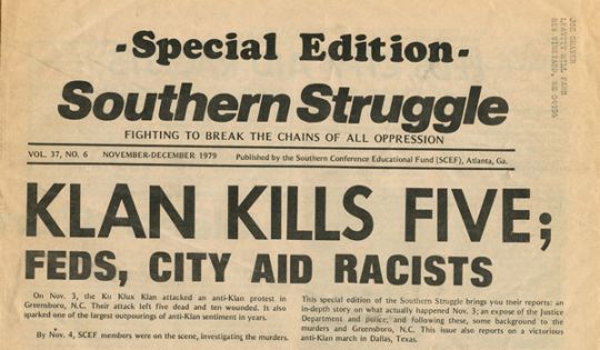 &quot;November 3, 1979: Greensboro Killings.&quot; Newspaper article on the massecre of the Communist Workers Party by the Ku Klux Klan.Image courtesy of University of North Carolina at Chapel Hill Libraries. 