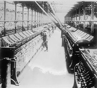 &quot;Flax industry, warping room in a linen mill.&quot; Image courtesy of Library of Congress. 