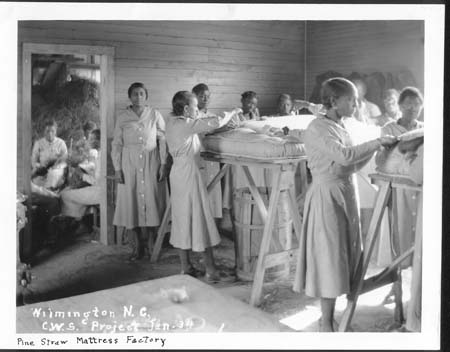 Emergency Relief Administration. 1934. &quot;Women making mattresses in Wilmington in 1934.&quot; NCERA Photographs 1934-1936. State Archives of North Carolina. Box 144.