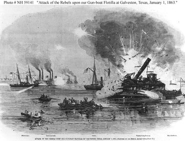 &quot;Attack of the Rebels upon our Gun-boat Flotilla at Galveston, Texas, January 1, 1863.&quot;  Line engraving published in &quot;Harper's Weekly&quot;, 1863. USS Harriet Lane is shown in the left distance, under attack by the Confederate gunboats Neptune and Bayou City. The grounded USS Westfield is at right, being blown up to prevent capture. USS Owasco is in the center of the view. &quot; Image courtesy of the  U.S. Naval Historical Center Photograph.