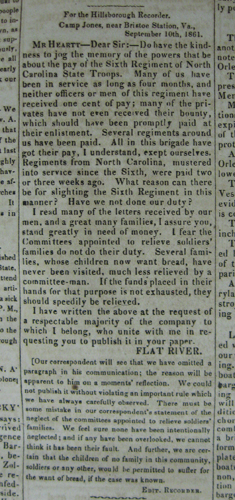 &quot;Letter from “Flat River” to Dennis Heartt, 10 September 1861.&quot; Courtesy of The Civil War Day by Day blog, UNC Libraries. 