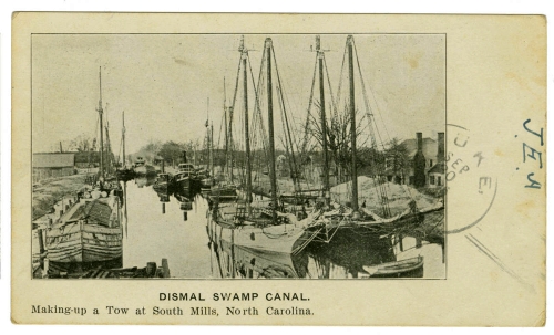 &quot;Dismal Swamp Canal: Making-up a tow at South Mills, North Carolina.&quot; Postcard ca. 1906, P. W. Melick Co. From the Durwood Barbour Collection of North Carolina Postcards, NC Collection Photographic Archives, Wilson Library, UNC-Chapel Hill.