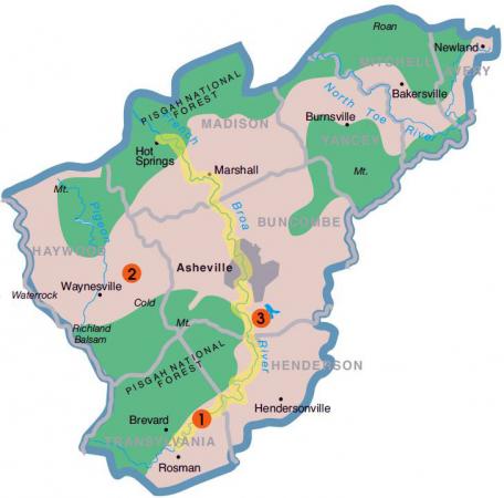 Illustration of the French Broad River corridor in North Carolina. The river is shown in yellow.  From &quot;French Broad River Basin,&quot; informational publication, N.C. Office of Environmental Education, 2007.