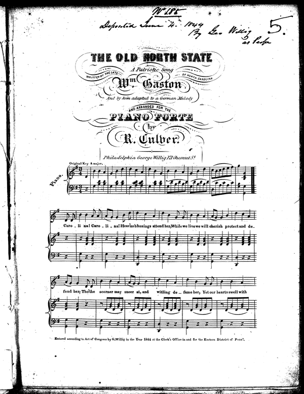 &quot;The Old North State,&quot; lyrics by William Gaston and score by R. Culver.  From the Library of Congress, American Sheet Music Collection 1820-1860.
