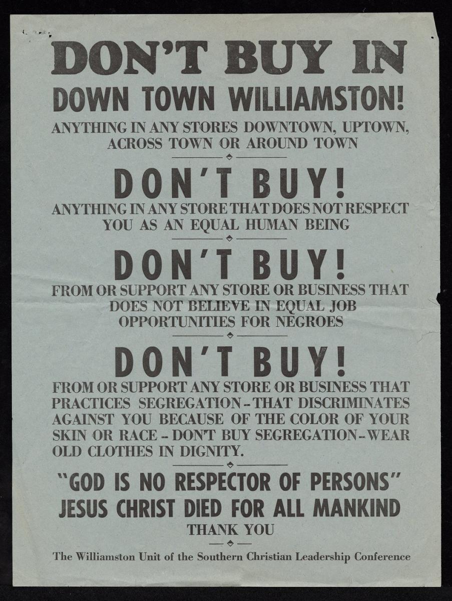 Poster text: Don't buy in down town Williamston! Anything in any stores downtown, uptown, across town or around town. Don't Buy printed repeatedly.