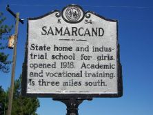 Image of &quot;Samarcand&quot; highway historical marker near Eagle Springs, in Moore County, N.C.  Marker K-34, North Carolina Historical Highway Marker Program.  Used courtesy of the North Carolina Department of Cultural Resources. 