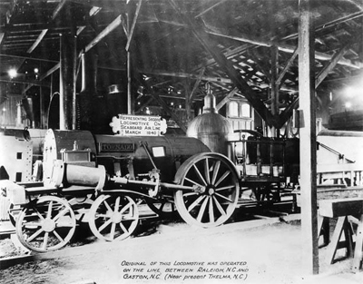 Black and white photograph of the locomotive model &quot;Tornado,&quot; image taken circa 1950. Item H.1952.57.44 from the collections of the North Carolina Musuem of History. The original &quot;Tornado&quot; engine would most likely have closely resembled this representation.   