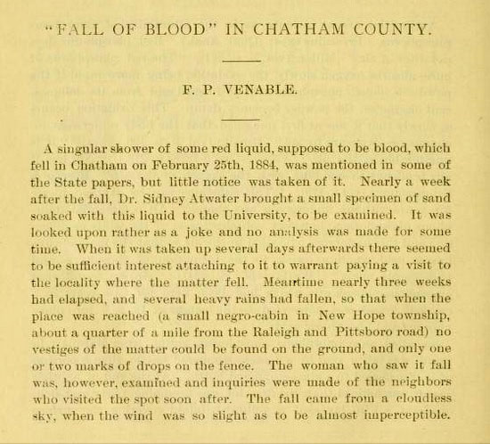 Excerpt from "'Fall of Blood' in Chatham County," by F. P. Venable, published in the <i>Journal of the Elisha Mitchell Scientific Society,</i> Vol. 1, p. 38-40, Chapel Hill, N.C. 1884.