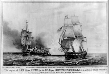 Lithograph image of &quot;The Capture of HBM frigate Java by the U.S. frigate Constitution after an action of 1 hour, 55 minutes,&quot; by Sarony & Major, c. 1846. From the Library of Congress Prints & Photographs Online Catalog. 