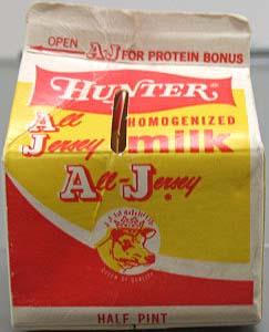 Color photograph of a milk carton from Hunter Jersey Farms, Inc., Charlotte, N.C. From the collections of the North Carolina Museum of History. Used courtesy of the North Carolina Department of Cultural Resources.