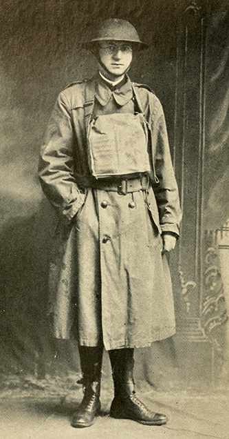 A photograph published in 1919 of Elmer Talmage Clark in World War I &quot;trench equipment.&quot; Image from the Internet Archive.