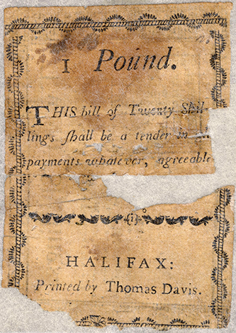 A 20 shilling (1 pound) note printed by Thomas Davis between 1783 and 1785 .  &quot;Money, Paper, Accession #: H.1971.96.1.&quot; 1783-1785. North Carolina Museum of History.
