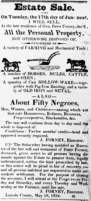 &quot;Estate Sale.&quot; (advertisement). Western Carolinian. May 10, 1834. 3.