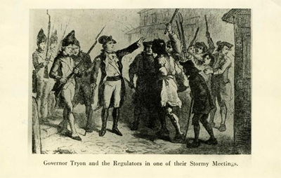 Image of engraving depicting &quot;Governor Tryon and the Regulators in one of their stormy meetings.&quot; Item #H.1949.41.2, from the collections of the North Carolina Museum of History.   