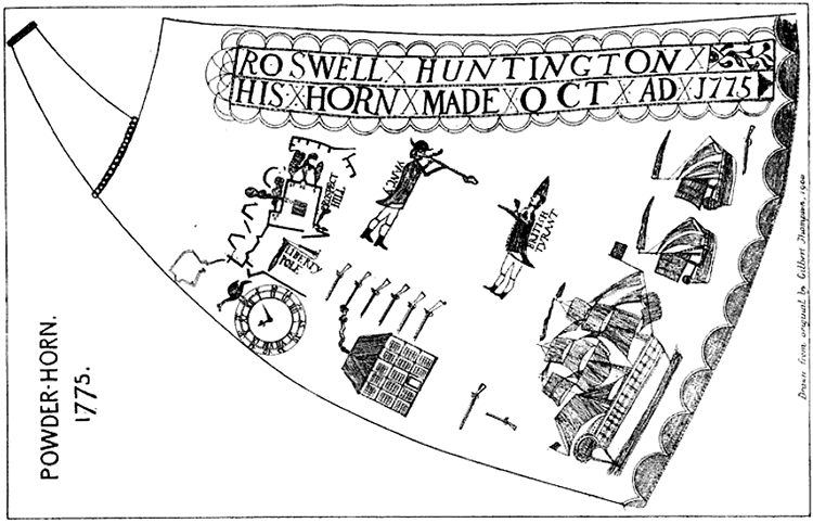 An engraved powder horn attributed to Roswell Huntington. Thompson, Gilbert. &quot;Powder Horn 1775.&quot; Drawing. Journal of the Military Service Institution of the United States 33, no. 125 (September-October 1903).  262.