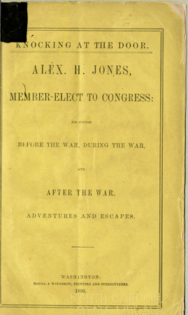 Title page of Alexander H. Jones's &quot;Knocking at the Door,&quot;  published 1866.  From the collections of the Government and Heritage Library, State Library of North Carolina.