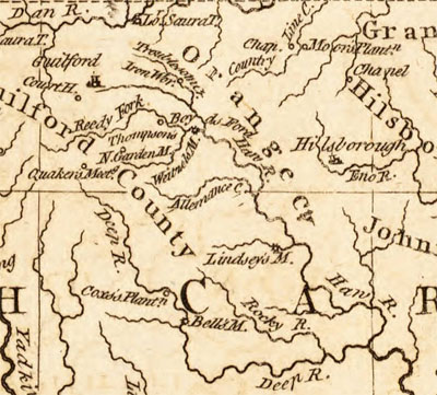 Closeup section of Thomas Kitchin's 1781 map of &quot;The seat of war in the southern part of Virginia, North Carolina, and the northern part of South Carolina.&quot;  Lindley's Mill is shown near the center of the image along a tributary of the Haw River.  Published 1781 by R. Baldwin, detached from the London Magazine, Vol. 50 (June 1781).  From the North Carolina Collection, on North Carolina Maps. 