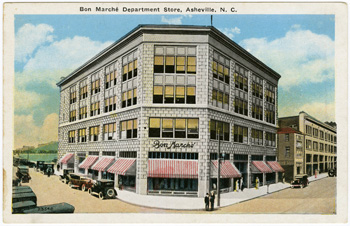 &quot;Bon Marche Department Store, Asheville, NC.&quot;  Postcard image from the Durwood Barbour Collection of North Carolina Postcards (P077), Wilson Library, University of North Carolina.  