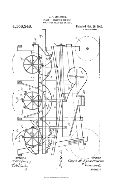 C. R. Livermon's "Peanut-threshing machine," Patent drawing publication Number US1158248 A, publication date October 26, 1915. Presented by Google Patents.