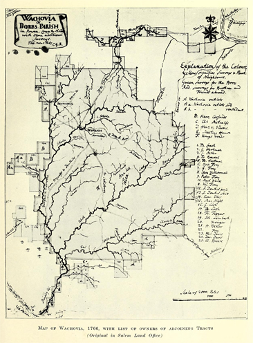 Image of map of &quot;Wachovia or Dobbs Parish,&quot; 1766. From Adelaide L. Fries <i>Records of the Moravians in North Carolina</i>, Volume 1, [p. 310-311], published 1922 by Edwards & Broughton Printing Company, Raleigh, North Carolina. Presented on Archive.org. 