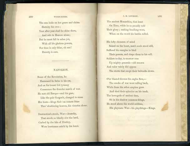 J. M. Lovejoy's poem &quot;Napoleon,&quot; from Tenella's [Mayard Bayard Clarke] <i>Wood-Notes; or Carolina Carols: A Collection of North Carolina Poetry</i>, Volume I, published 1854 by Warren L. Pomeroy, Raleigh, North Carolina.  From the collections of the Government & Heritage Library, State Library of North Carolina. 